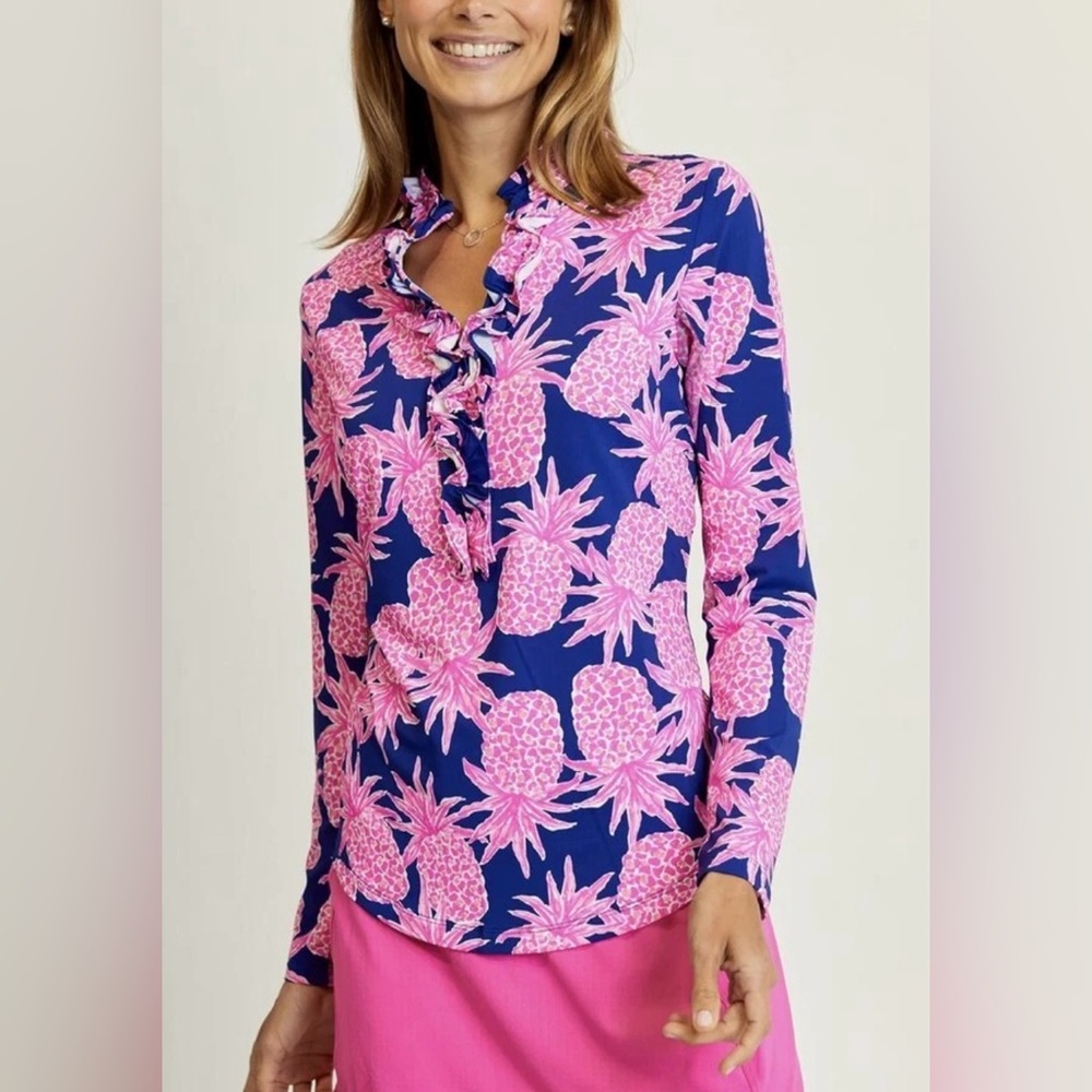 G Lifestyle pineapple grove ruffled shirt top pink navy blue small preppy
